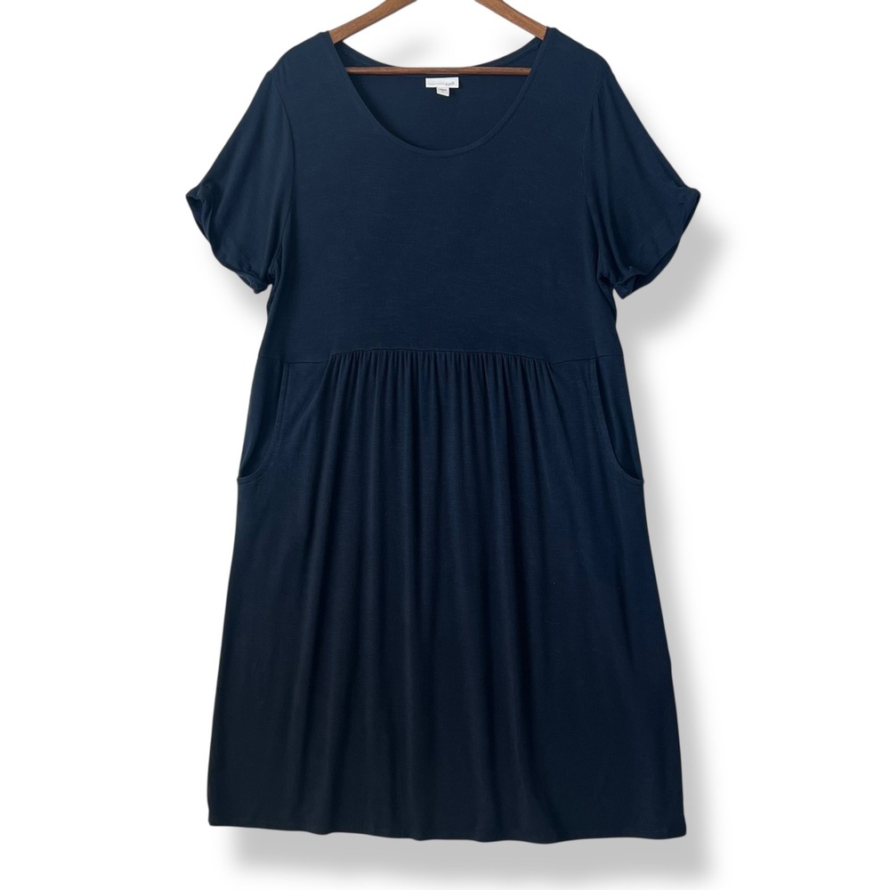 J. Jill Dress L Navy Blue Rayon Stretch Knit Pocket Midi Comfy Coastal Capsule